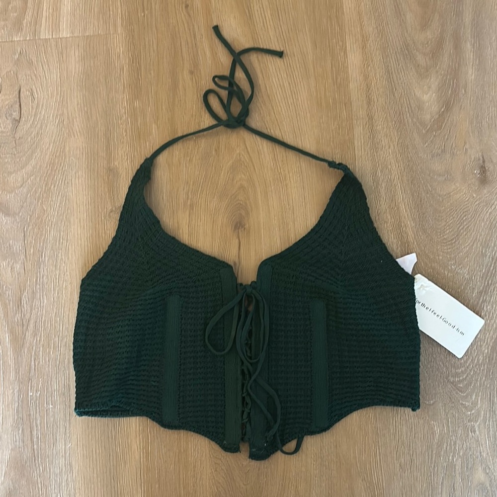 Commense Dark Green Crochet Halter Crop Top